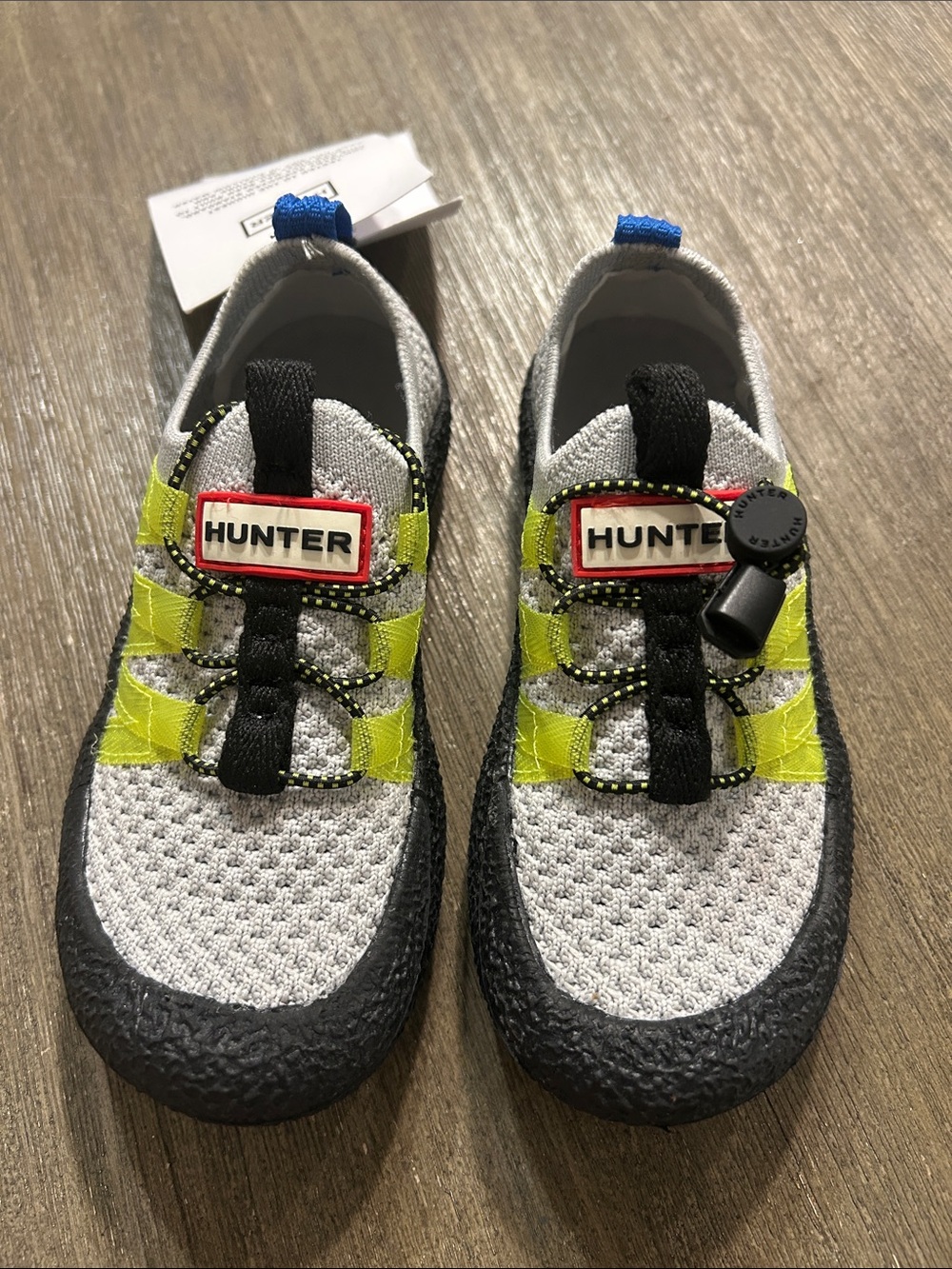 Hunter Grey & Neon Yellow Kids Water Shoes Slip-On Sneakers, New W/Tag, Sz. 10.